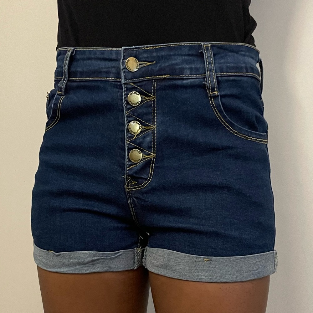 Multi-Button Rolled Hem Denim Shorts